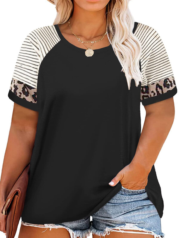 Womens Plus Size Raglan Short Sleeve Striped T Shirts 2023 Summer Round Neck Loose Fit Leopard Print Casual Tee Tops