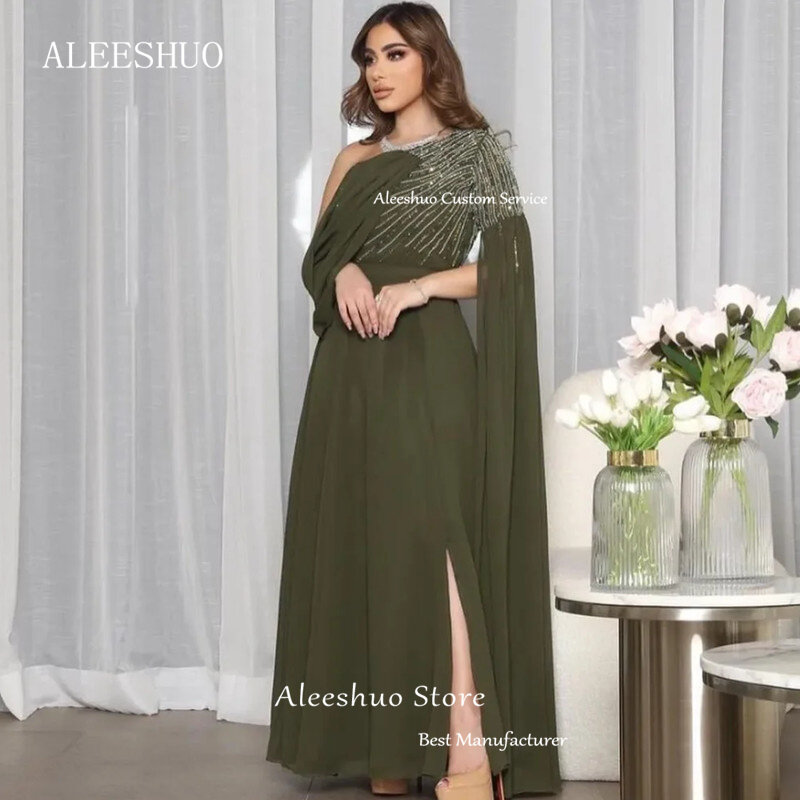 Aleeshuo-vestido de noite chiffon com uma fenda para as mulheres, vestido de baile formal, um ombro, mangas compridas, árabe saudita, beading brilhante