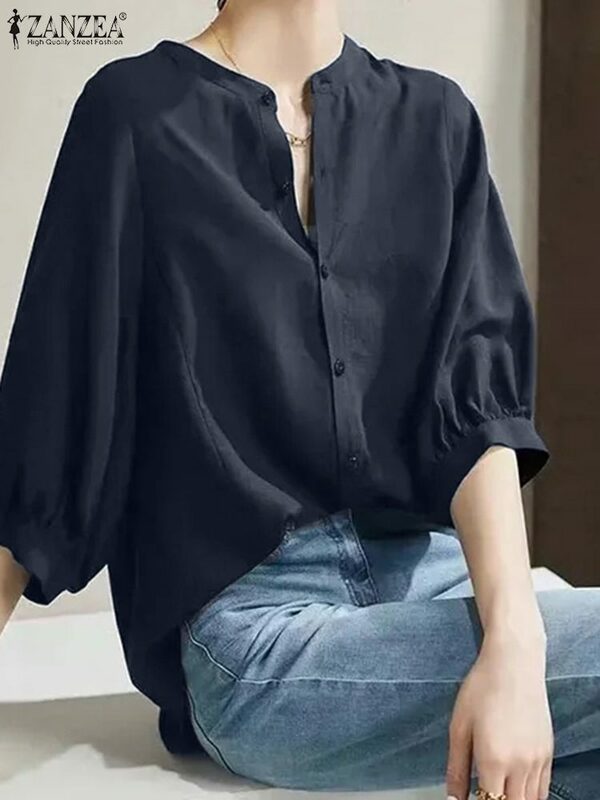 ZANZEA-Blusa con botones para mujer, camisa elegante de manga abombada 3/4, Blusas de oficina con cuello levantado de moda coreana, Tops sólidos sueltos informales 2024