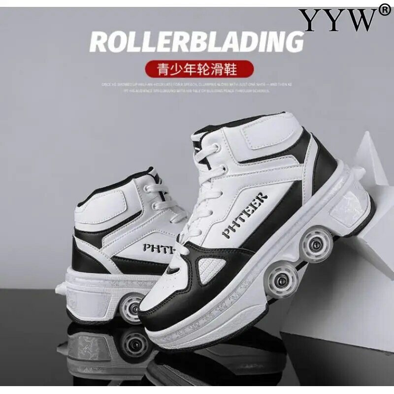 Sapatos de patins esportivos de couro PU, deformação casual, tênis Parkour, patins com 4 rodas para rodadas, corrida, infantil