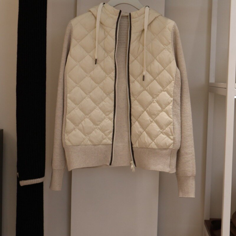 여성용 캐쥬얼 후드 다운 재킷, 캐시미어 니트 스플라이싱 90 구스 다운 재킷, 가을 및 겨울