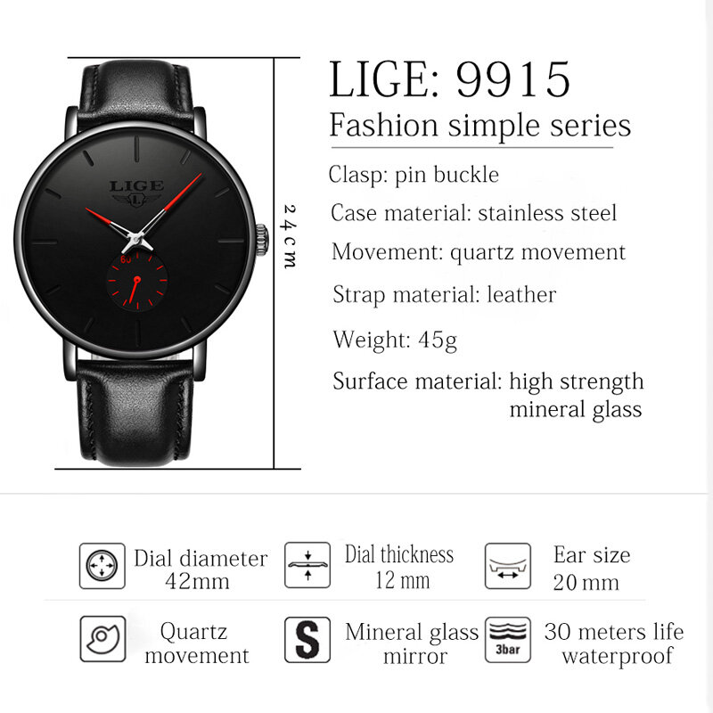 LIGE-Montre à quartz en cuir véritable pour homme, montre de sport étanche, marque de luxe, mode décontractée, 2023