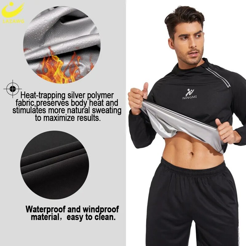 LAZAWG Sauna Top for Men Sweat Long Sleeves Weight Loss Shirt Thin Fat Burning Fitness Sportwear Slimming Suit Gym Body Shaper