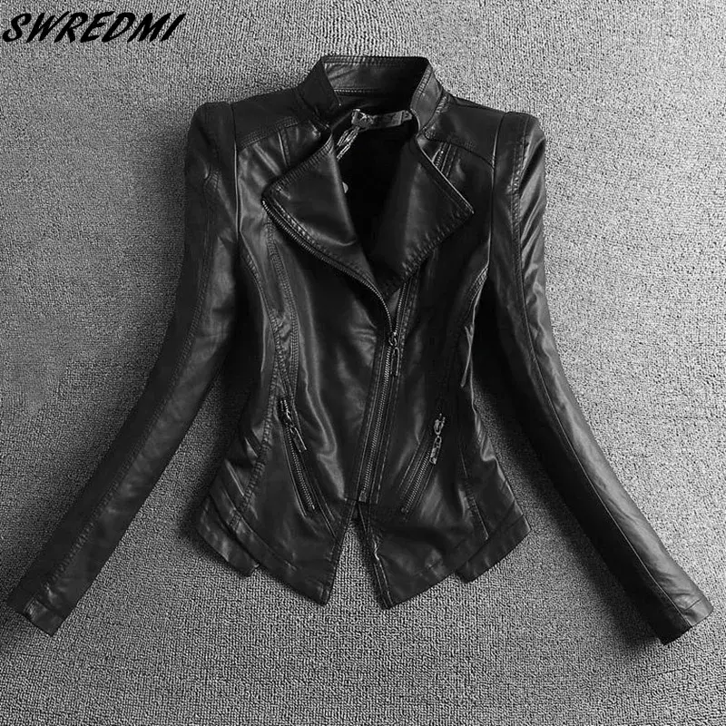 Куртка SWREDMI 2024 НОВАЯ тонкая повседневная женская кожаная, короткая черная кожаная куртка с воротником-стойкой, верхняя одежда из замши на весну и осень