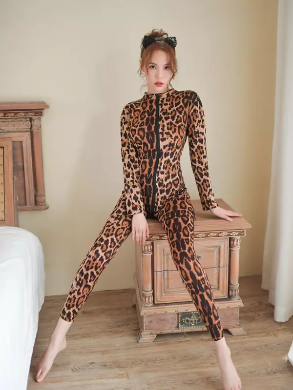 Two Way Zip Open Crotch Bodysuit Tights Cosplay Leopard Catsuit Sexy Jumpsuit Leotard Conjoined Clubwear Lingerie Body Unitard