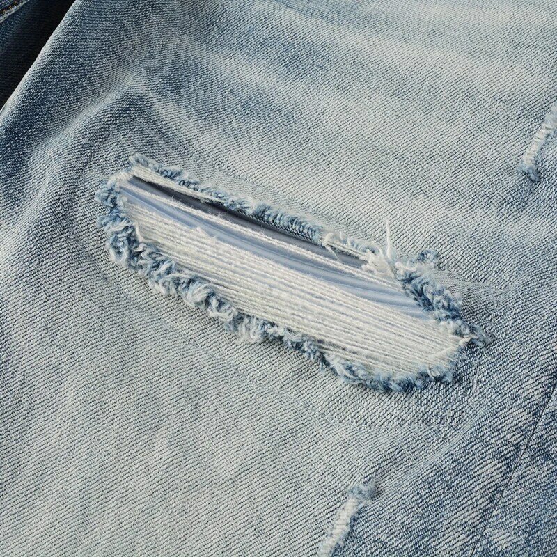 Calça Jeans rasgada azul clara com ajuste magro masculino, calça remendada de couro branco, calça marca Hip Hop, moda rua, moda rua