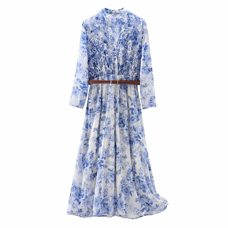 Maxdutti letnia francuska sukienka niebieskie w stylu Retro damska sukienka Midi w kwiaty z paskiem moda damska elegancka kaskadowa sukienka