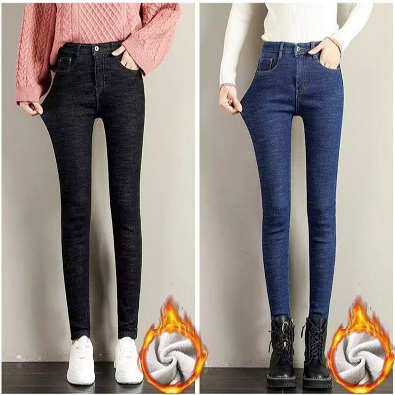 Calça jeans stretch de pelúcia térmica feminina, calça lápis, magro, grosso, velo, jeans, calças compridas, azul, retro, neve, quente, inverno, neve