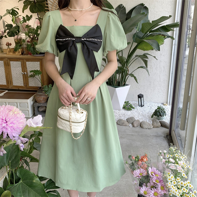 Zielone letnie ubrania ciążowe moda Plus rozmiar odzież damska w ciąży bufiaste rękawy z falbanką, patchworkowy sukienki ciążowe z okrągłym dekoltem