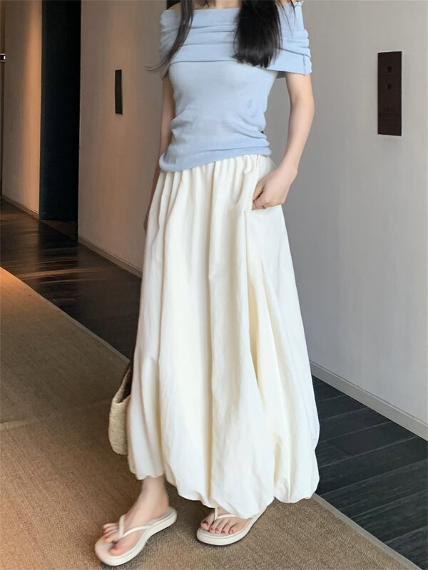 PLAMTEE White Mid-Length Skirts Women Chic Loose Sweet High Street Casual All Match Fashion 2024 Mujer Slim Office Lady Summer
