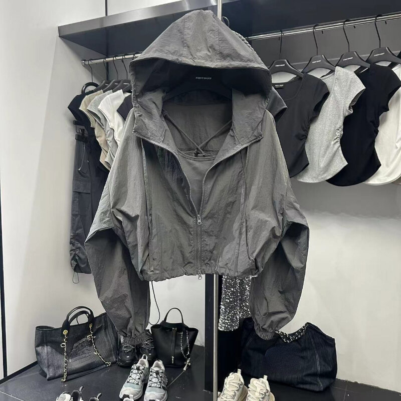 Koreanische Mode Crop Jacke Frauen schwarz Wind breaker Jacke lässig übergroße Jacken Sonnenschutz Streetwear Short Track Jacke