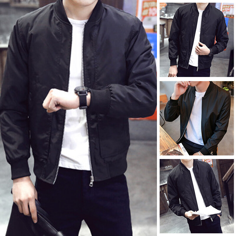 Jaqueta masculina de manga comprida slim fit com zíper, casaco preto casual, top fino, gola alta, gola redonda, moda empresarial monocromática