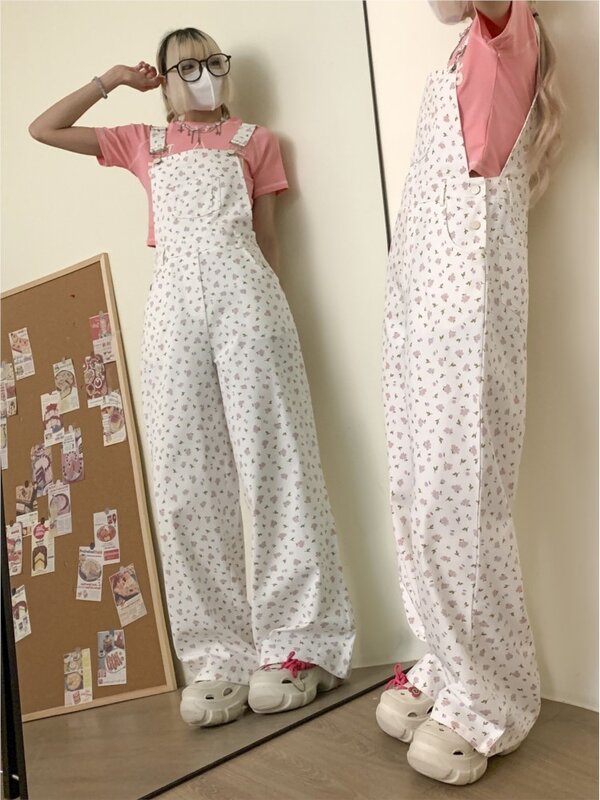 Celana overall wanita, Bawahan kasual longgar motif bunga gaya Korea musim panas dan semi untuk perempuan