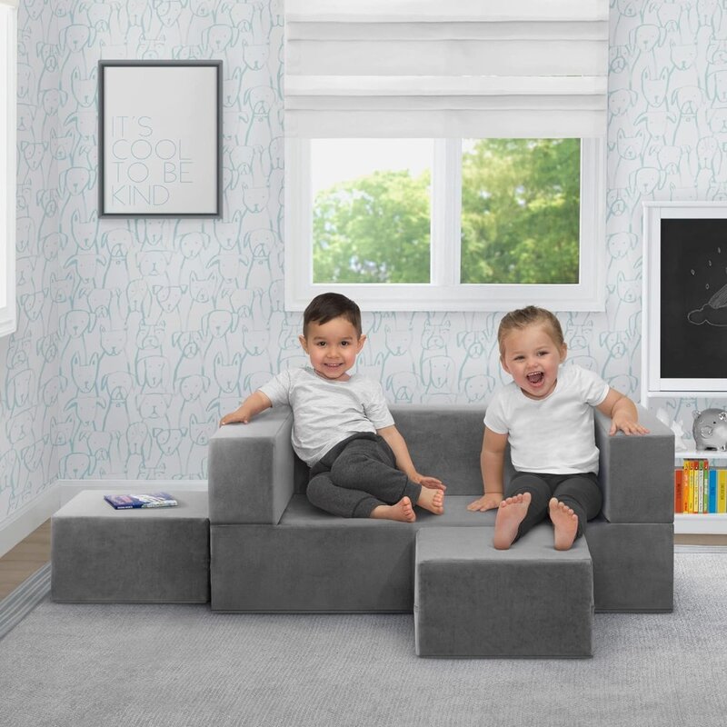 Sofa und Spielset für Kinder und Kleinkinder Modulare Schaumstoff couch und ausklappbare Liege mit 2 Hocker sofas Graue Kinder möbel