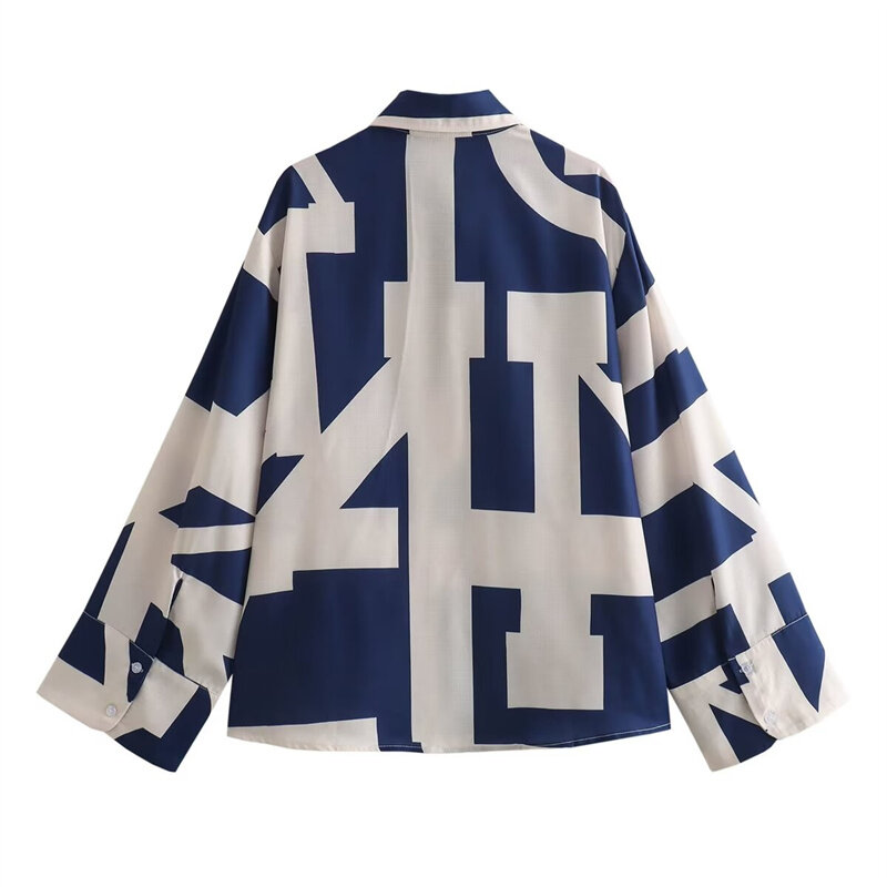 KEYANKETIAN 2024 New Launch Women's Blue and White Geometric Printed Shirt Spring  Single Breasted Oversize Loose Blouses Top