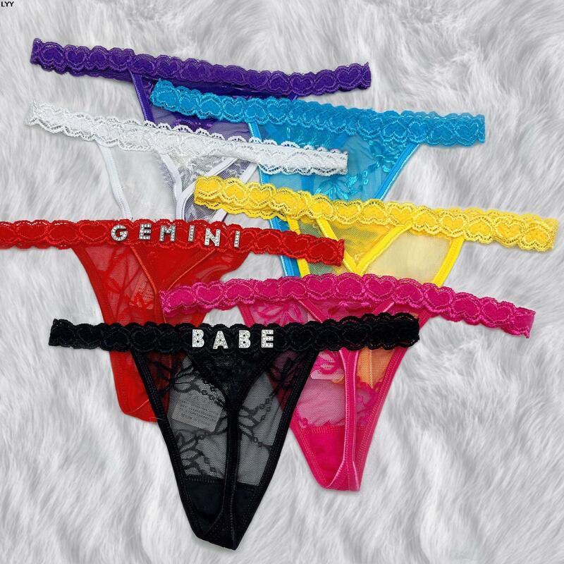 Personalized Thong Sexy Lace Custom Name Thong Panties DIY Crystal Letters Underwear Womens Bikini G String Hotwife  Lover Gift