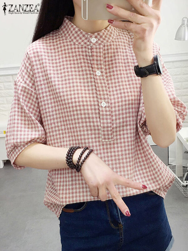 ZANZEA-Blusa de media manga con cuello redondo para mujer, camisa a cuadros con botones informales, Blusas de trabajo elegantes, moda de verano