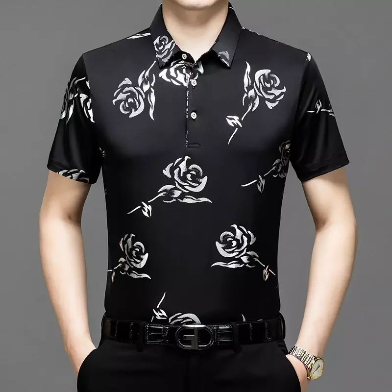 Letnie nowe męskie bluzka w roślinny wzór z krótkimi rękawami, luźne i wygodne, modne bluzki
