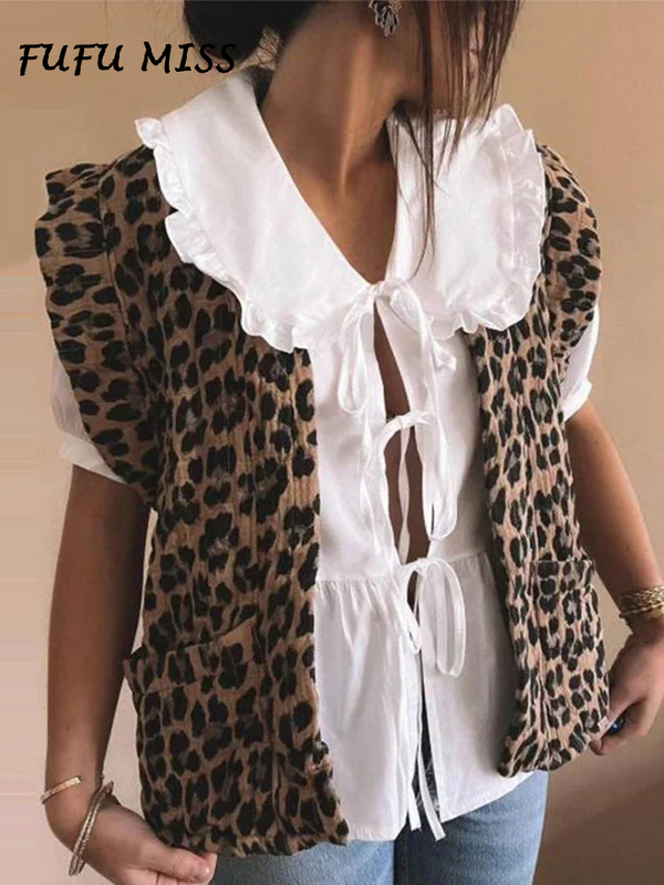 Casaco leopardo casual com babados para mulheres, colete com gola o, bolso sem mangas, colete feminino solto, tops femininos, moda primavera e verão, 2024
