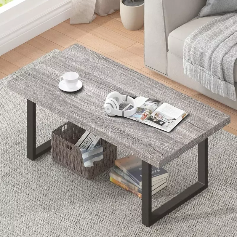 โต๊ะกลางไม้และโลหะสไตล์เรียบง่ายทันสมัยโต๊ะกาแฟสำหรับห้องนั่งเล่นเฟอร์นิเจอร์ไม้โอ๊คสีเทา47นิ้ว