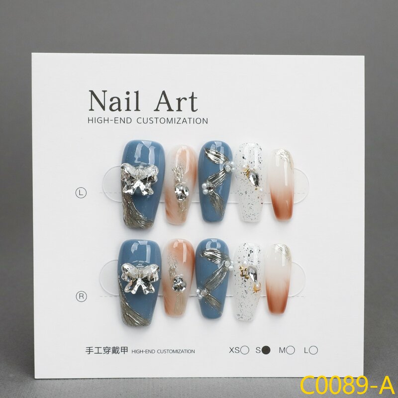 Imprensa Handmade removível On Nails, Stick-on Unhas Falsas, Nail Art, Glitter f Nail Patch, tamanho grande, 10pcs