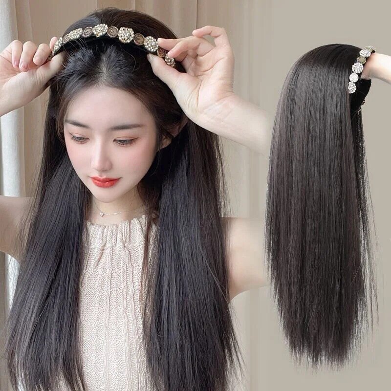 Bando Wig lurus panjang rambut sintetis Wig wanita berbentuk U setengah tutup kepala Wig alami dapat dilepas