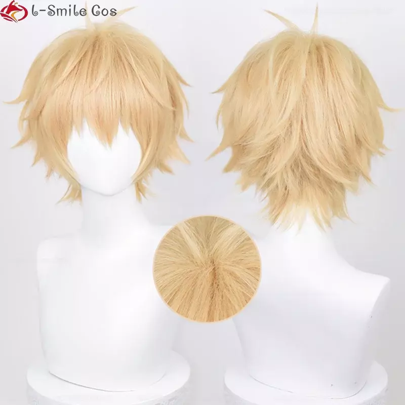 Anime Golden Yellow/Light Orange Golden Denji Cosplay Wig Anime 30cm Short Denji Wigs With Eyes Patch Props Men Wigs + Wig Cap