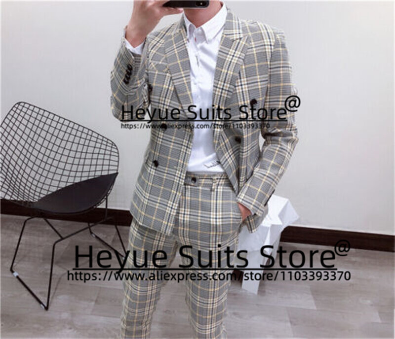Double-breasted Plaid Suits For Men Slim Fit Peak Lapel Groom Formal Tuxedos 2 Pieces Sets Business Male Blazer Costume Hoome