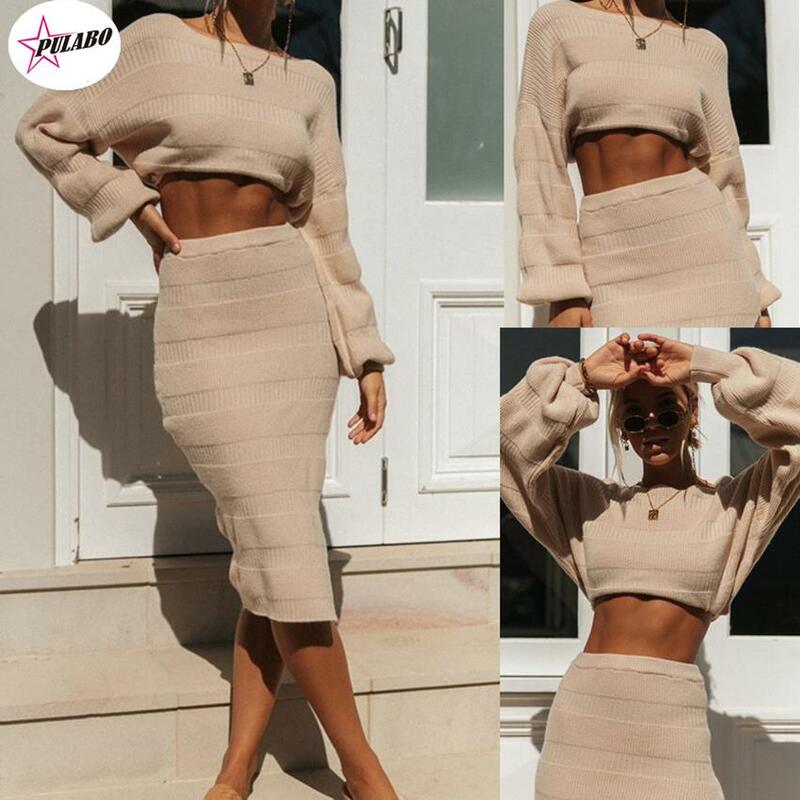 PULABO Autumn Women Two Pieces Sets Knitted Women Sweaters With Skirt Sets Women Pullovers Women's Casual Suit