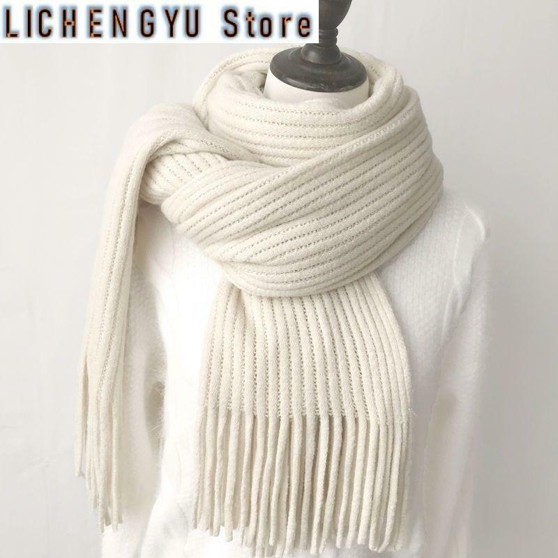 Женский Зимний вязаный шарф, однотонный теплый шерстяной шарф с кисточками, 200 х40 см