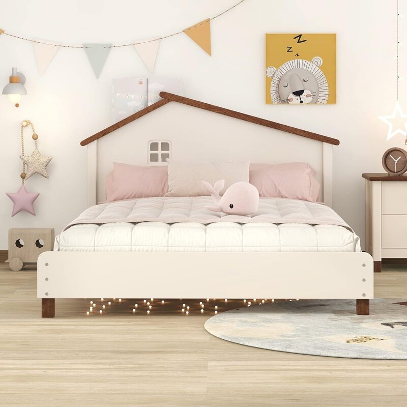 Marco de cama con plataforma de madera para niños, marco de cama sin caja, fácil de montar, crema completa, Bases y marcos de nogal