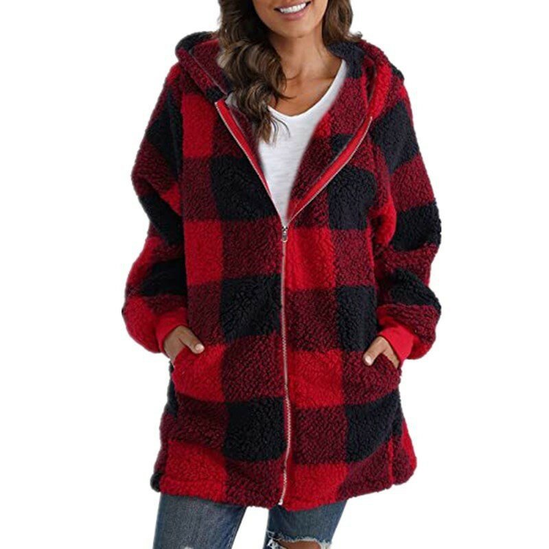 2023 Autumn Winter Plaid Faux Fur Coat Women  Coat Hooded Jackets Female Furry  Bear Plush Jacket Women
