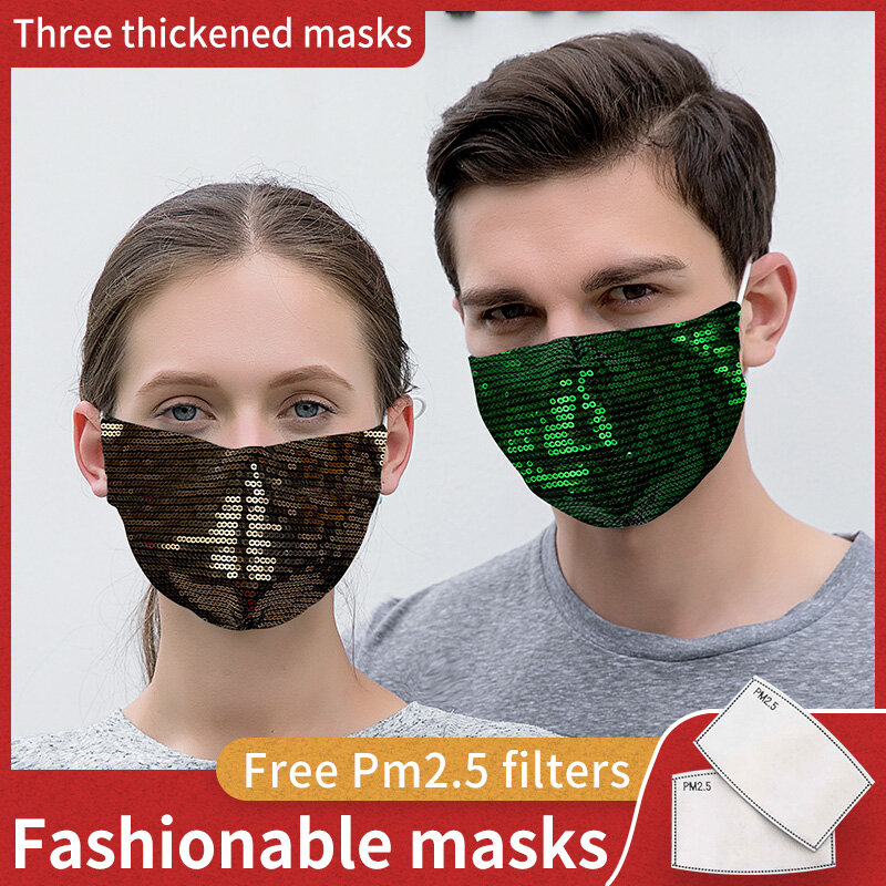 Nova máscara de pano de lantejoulas pm2.5 filtro flash diamante natal equitação à prova de vento proteção para adultos preto