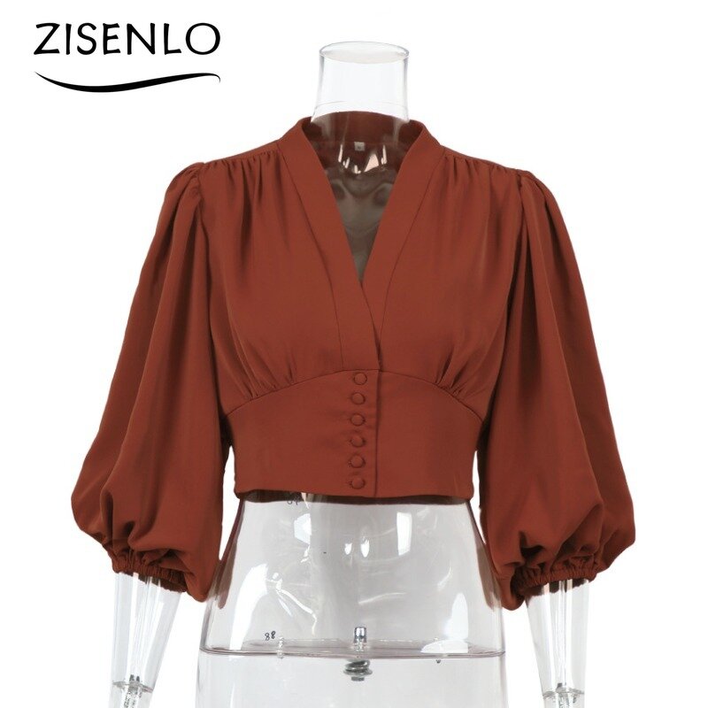 Elegant Shirts & Blouses Autumn V-neck Shirt Temperament Lantern Sleeve Slim Long-sleeved Shirt Blouses for Women Fashion 2023