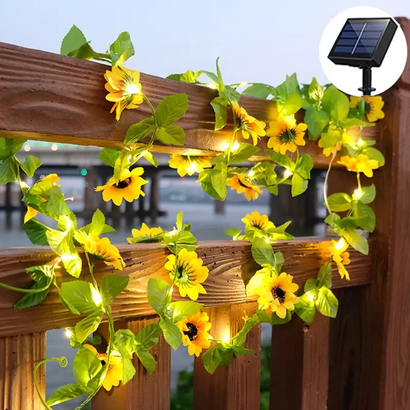 10M 100led Solar Künstliche Sonnenblume Rose String Licht Girlande Fee Lichterketten Grün Leaf Vine Licht für Garten Party decor