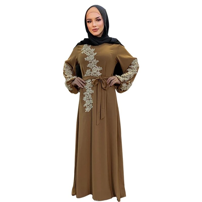 Vrouwen Moslim Dubai Abaya Lange Mouw Maxi Jurk Bloemen Kant Kralen Hijab Kaftan