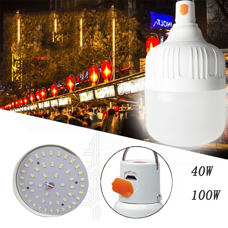 フック付き調光可能LED電球,USB,充電式,3モード,40W