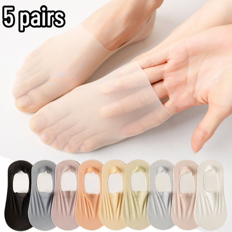 5Pairs Women Invisible Boat Socks Silicone Non-slip Ultra-thin Breathable Sock Slippers High Quality Elastic Ice Silk Low Sox