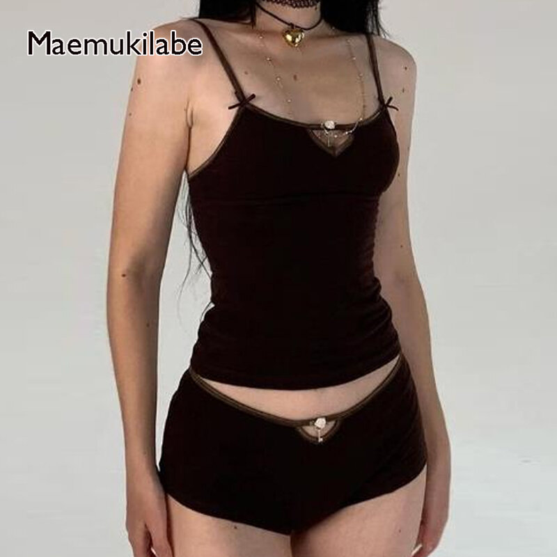 Maemukilabe Women 2 Piece Set Kawaii Spaghetti Strap Camis Crop Tops + Shorts Pajamas Loungewear Fairy Coquette Y2K Outfits