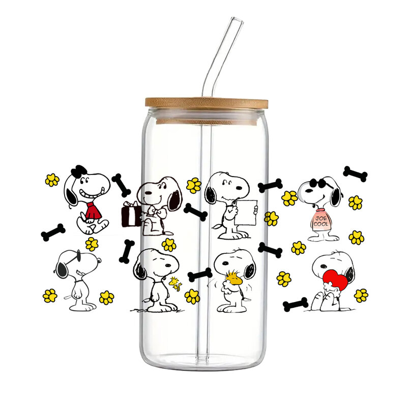 Envoltório de vidro impermeável dos desenhos animados para lata de café, 3D SnoopyFor Libbey, UV, DTF, 16oz, moda
