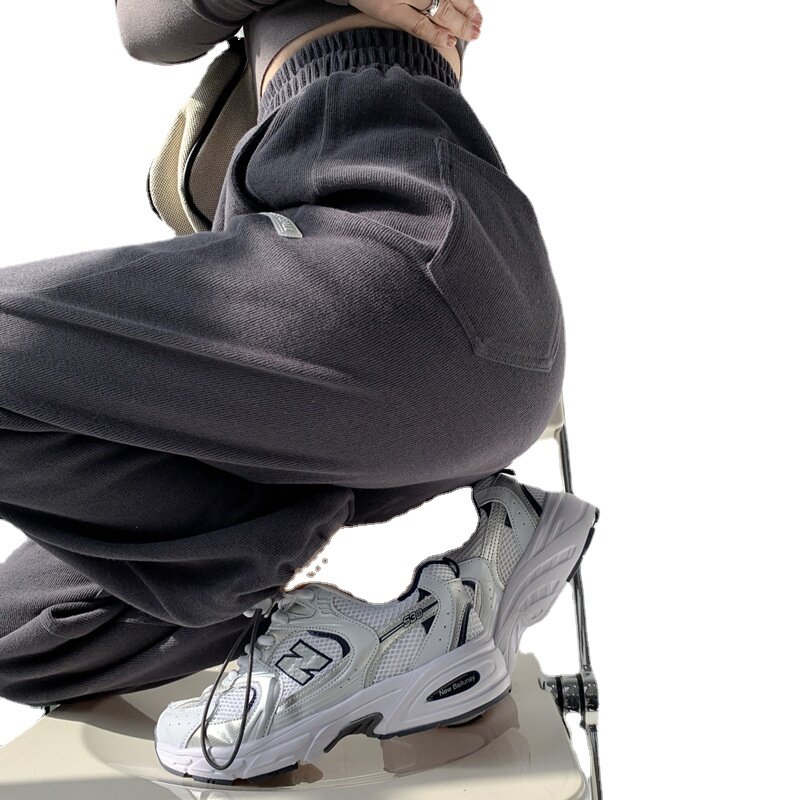 Pantalon de survêtement gris avec fermeture éclair pour femme, vêtement ample à neuf Points, jambes droites et larges, nouvelle collection 2023