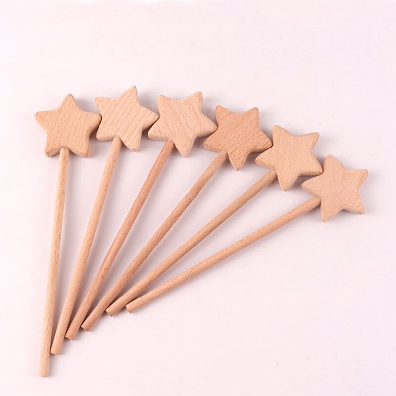 77HD Wooden Teether Stick Star Bear Flower Beech Wood Teething Toy Ornament for Baby Girls Boys Teething Pain Relief Appease