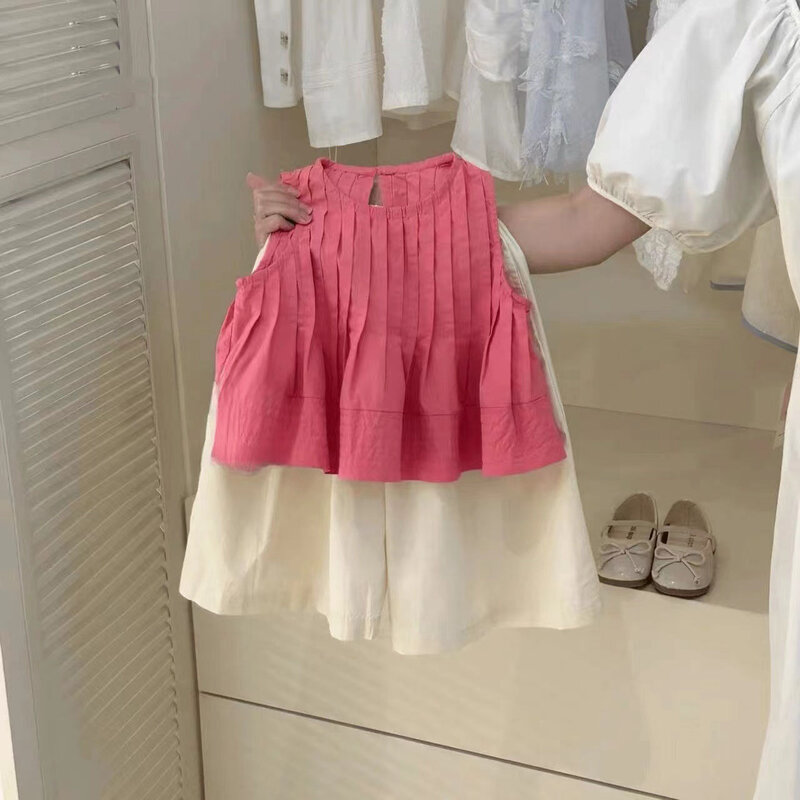 Sommer koreanische Kleinkind Mädchen 2 Stück Kleidung Set Baumwolle solide geraffte Weste Outfits elastische Taille weites Bein Hose Baby Baby Anzüge