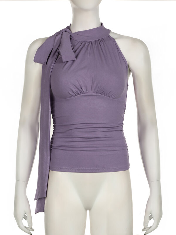 IAMSURE Elegant Fashion Solid Folds Tank Top Casual Sexy Slim Bandage O-Neck Sleeveless Tops Women 2024 Summer Streetwear Ladies