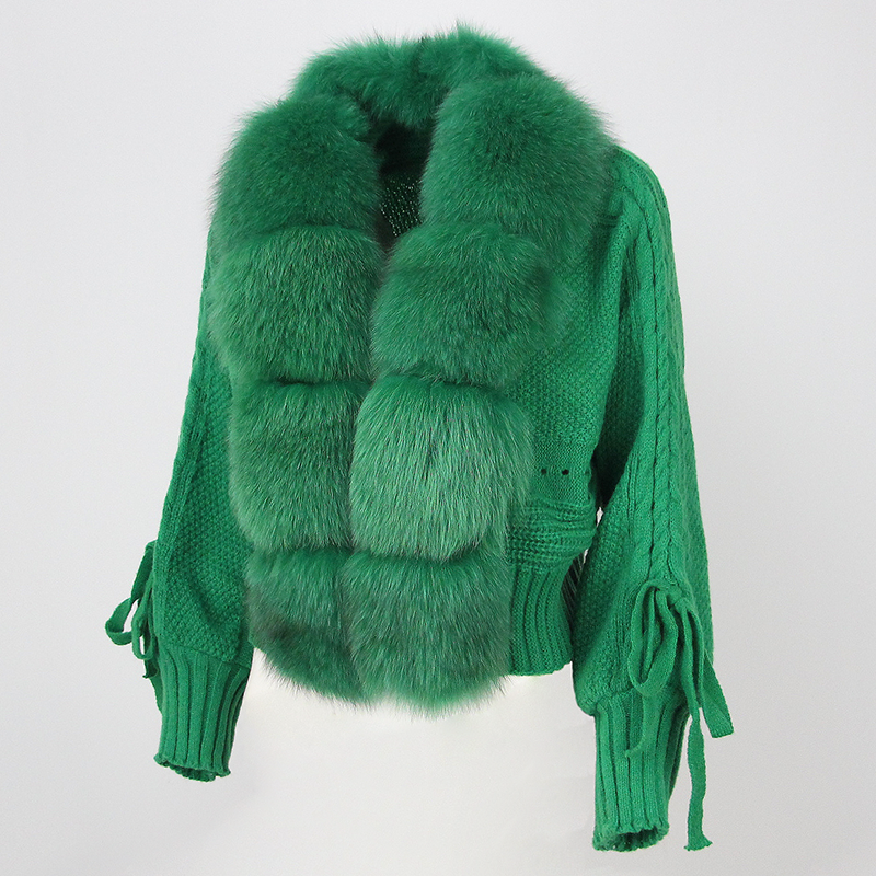 Jaket rajut bulu Natural wanita, Luaran warna polos kerah bulu rubah asli kasual modis pendek hangat longgar musim dingin 2023