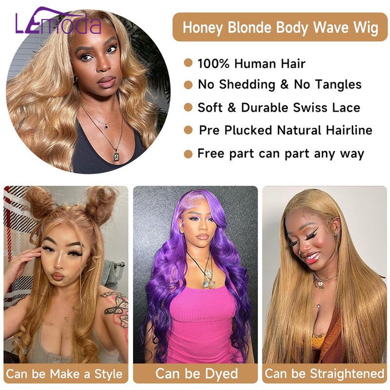 27 Honey Blonde 13x6 HD Lace Frontal Wig Human Hair Real HD Lace Pre Plucked 13x4 Body Wave 250 Density 27# Colored Wig 32 34In