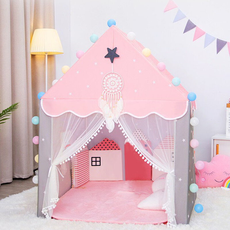 Princess Play Tent for Kids, Grande Casa Dobrável, Tenda para Bebé Menina, Castelo Rosa, Cama Interior e Exterior, Presentes de Aniversário 1,3 m