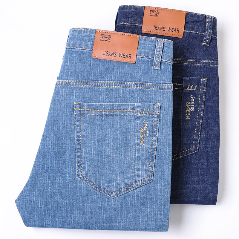 Calça reta masculina de algodão, macia, casual, azul claro, calça jeans stretch, roupa masculina, nova moda, jeans, 2022