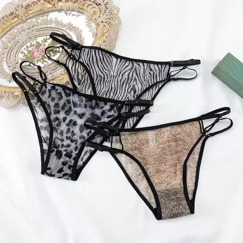 Culotte brésilienne transparente en maille léopard pour femme, sous-vêtement sexy, culotte à bretelles, bikini, tanga, effronté, lingerie, fille