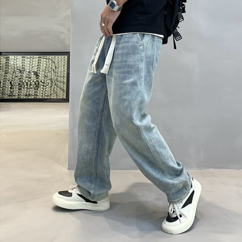 Celana Jeans pria, celana Denim kasual sederhana Hip Hop jalanan tinggi mode lantai kaki lurus longgar musim semi 2024